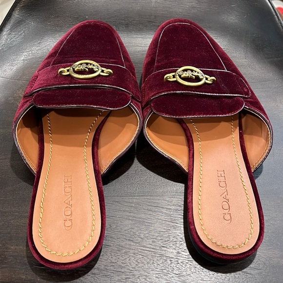 Coach Burgundy Velvet Mules with Gold Accent - Picture 8 of 8